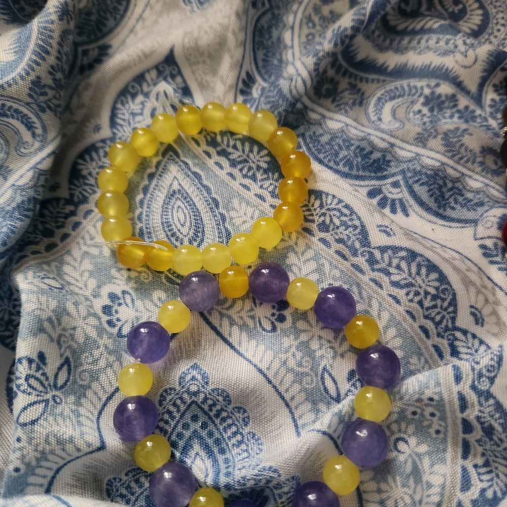 Yellow and Purple Beaded Stretch Bracelet Set - Unbranded